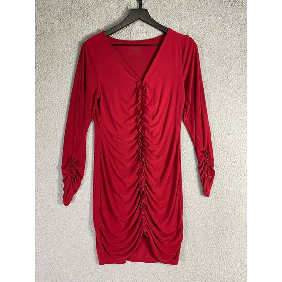 Sofia Vergara Scarlet Ruched Bodycon Dress M V-Neck Long Sleeve‎ Date-Night Chic - Picture 2 of 8